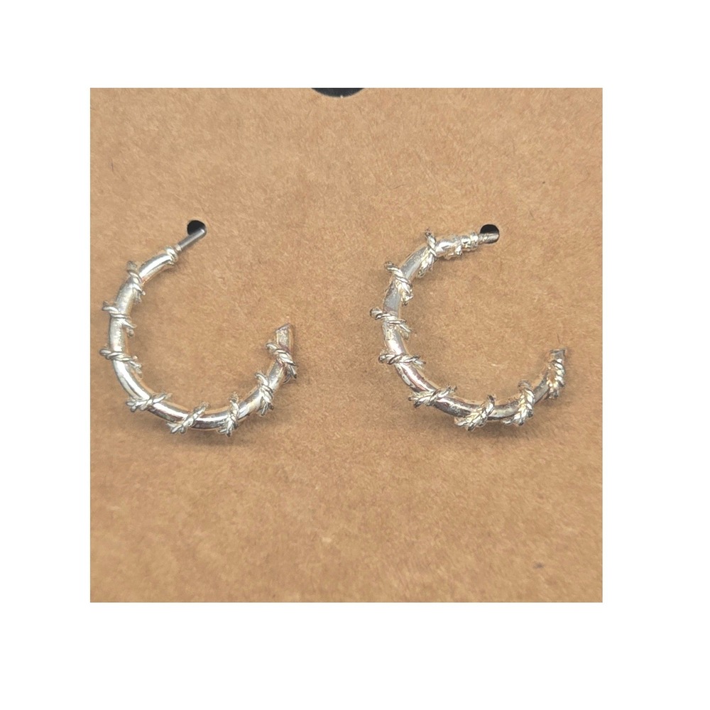 Silver Tone Twisted Rope Hoop Earrings Barbed Wire Style C-Shape Textured Edgy